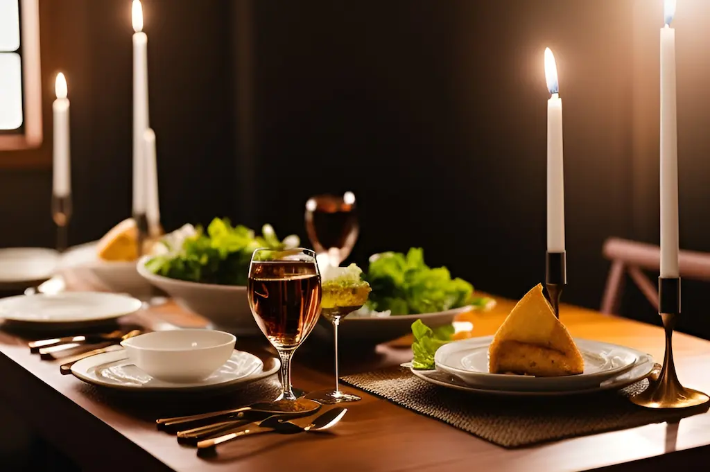 Dinner table set with wine glasses, candles and plates.