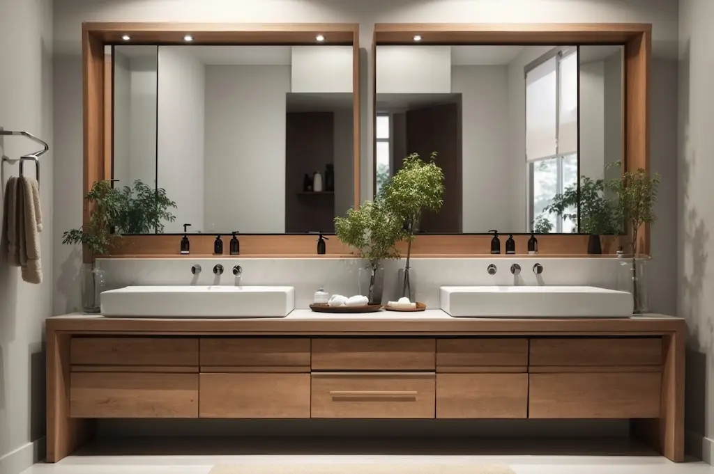 A large double sink bathroom vanity.