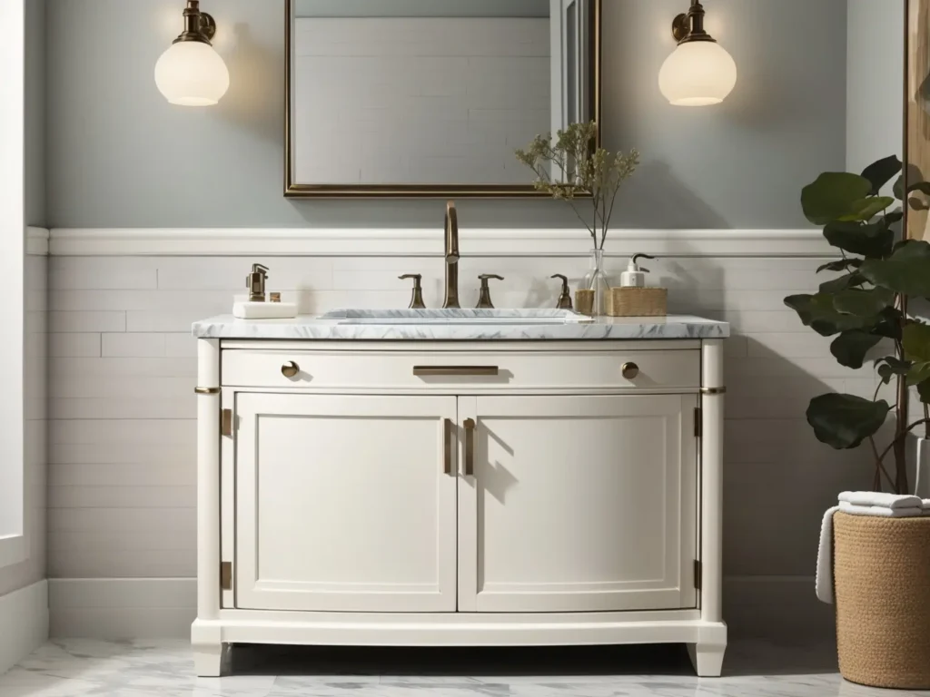 A single sink white bathroom vanity.