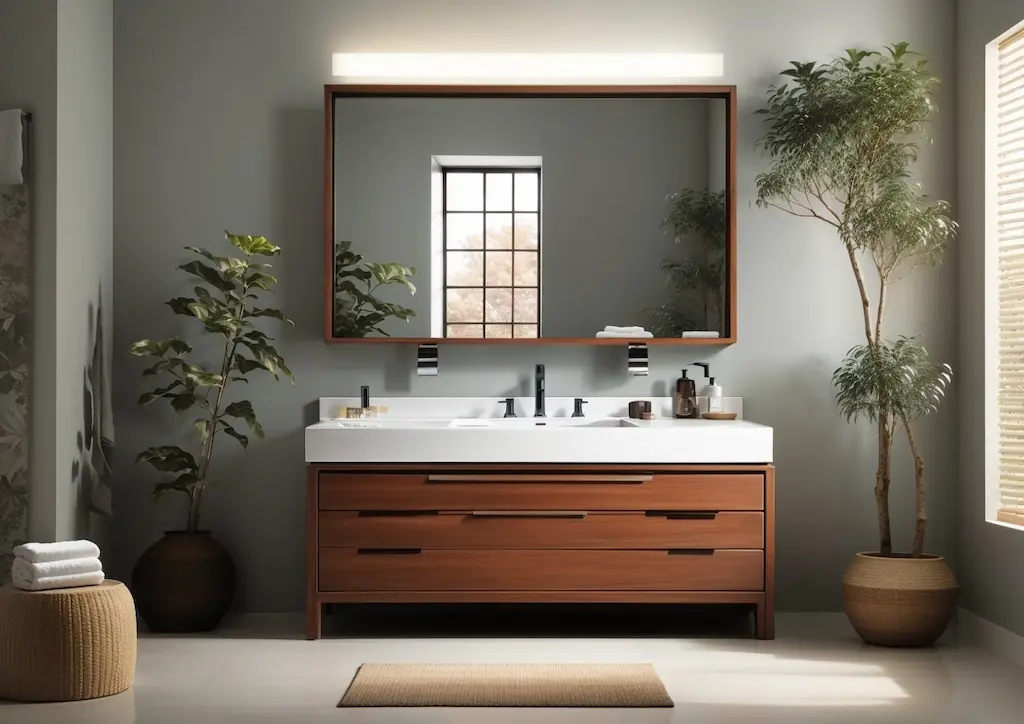 A beautiful single sink wide bathroom vanity.