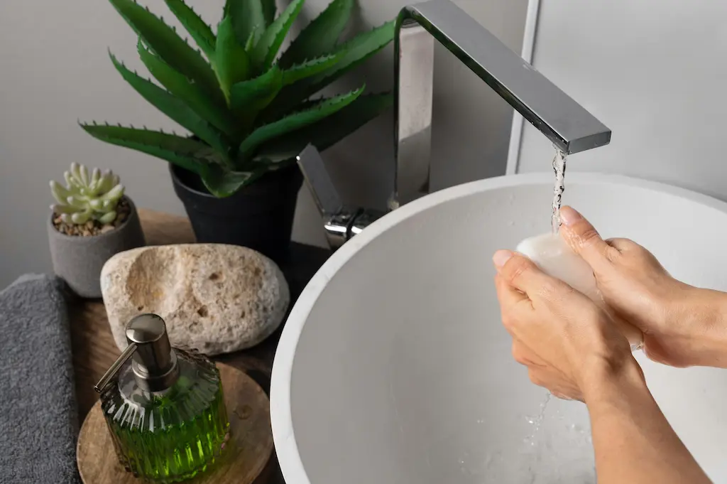 Round bathroom sink with faucet. Washing hands with soap in running water.