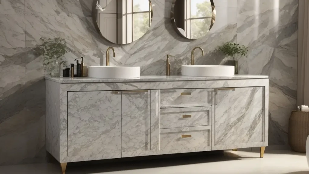 A bathroom vanity made of granite.