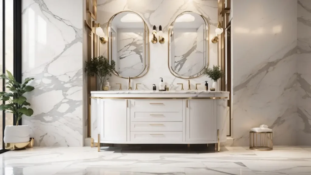 A marble bathroom vanity.