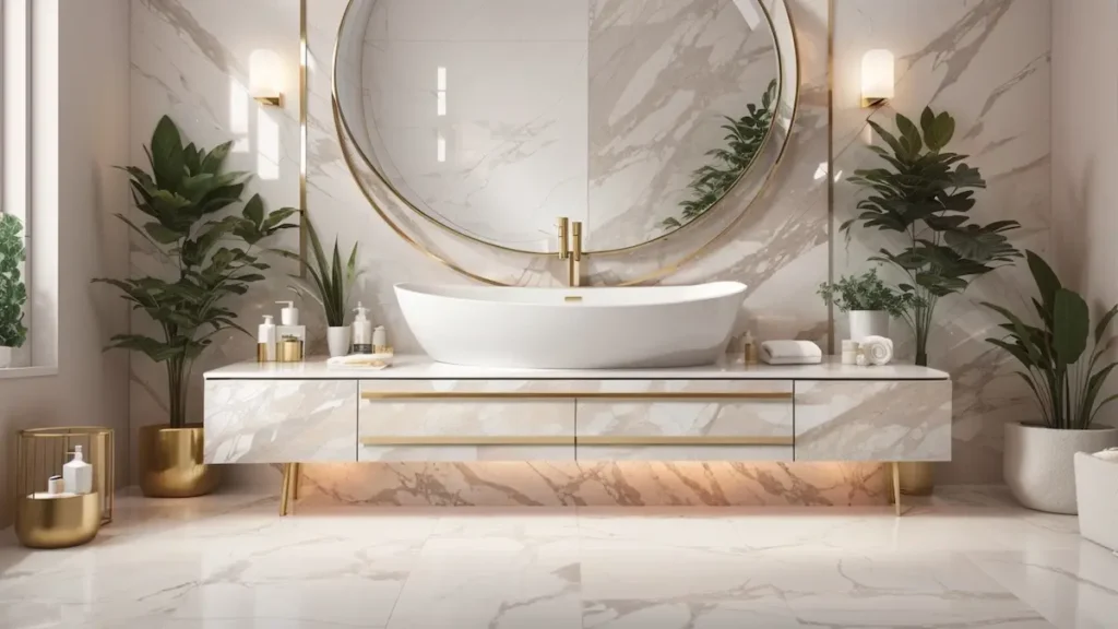 A bathroom vanity made of quartz.