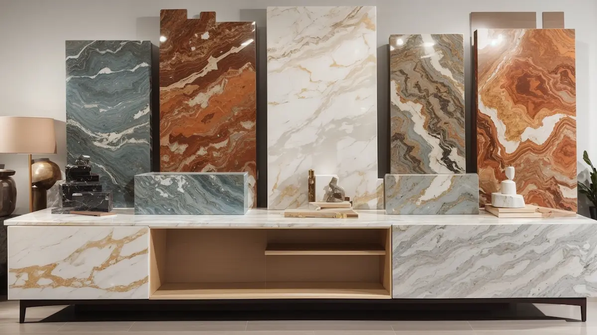 An image showing bathroom vanity materials such as marble, granite, quartz, wood, stone, and acrylic.