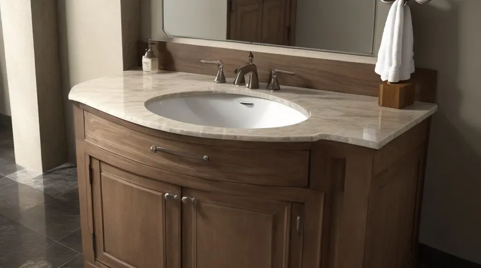 A wooden bathroom vanity.