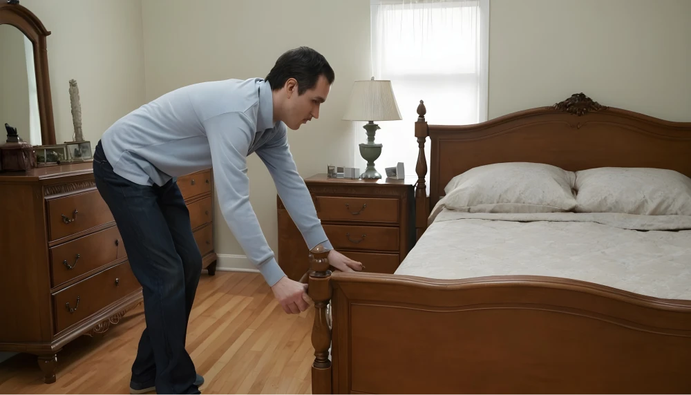 A photo of a man assessing the layout of a bedroom.