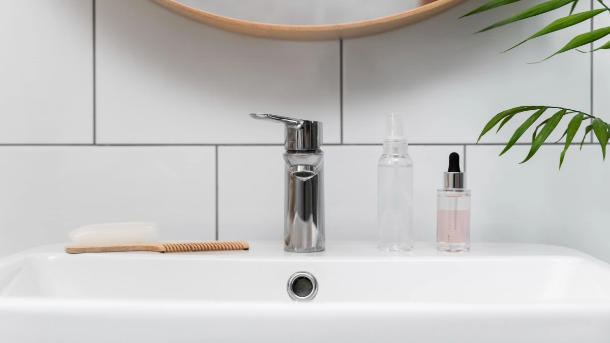 A chrome faucet on white bathroom sink.